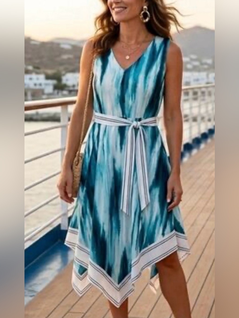 Soma Dress, Size L Large, Built in Cups, Blue and White, Tank, Belt